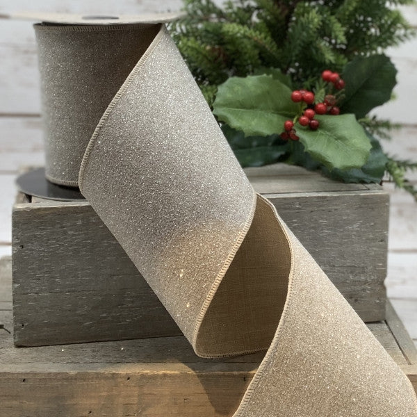 4" Natural Glitter Linen DESIGNER Ribbon - Designer DIY