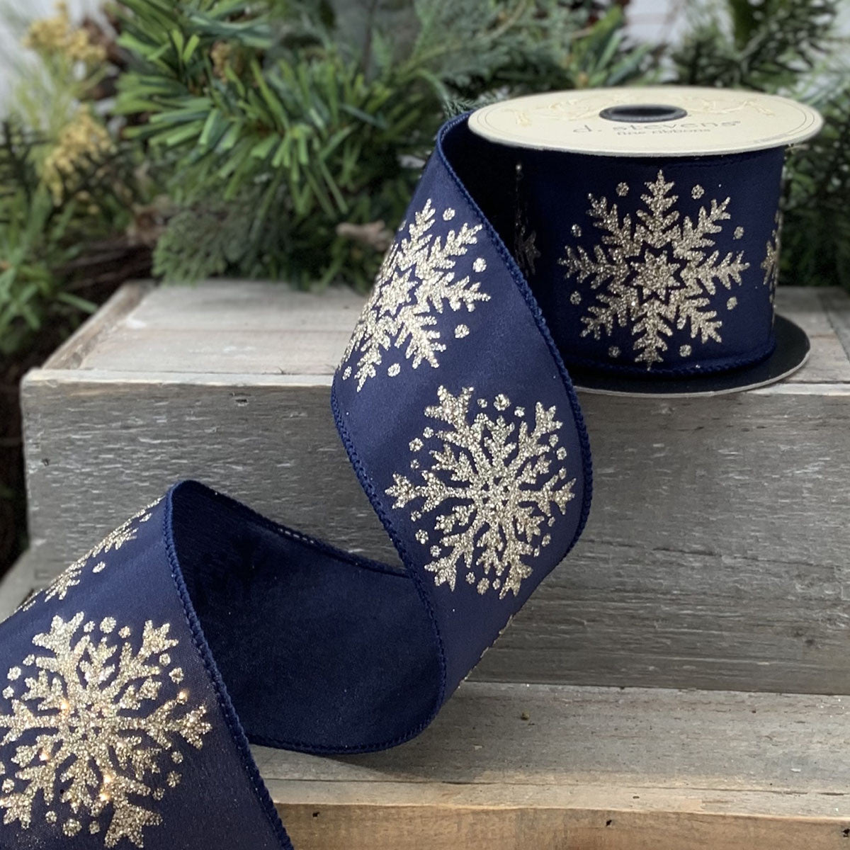 2.5" Snowflake DESIGNER Ribbon | Navy & Gold - Designer DIY