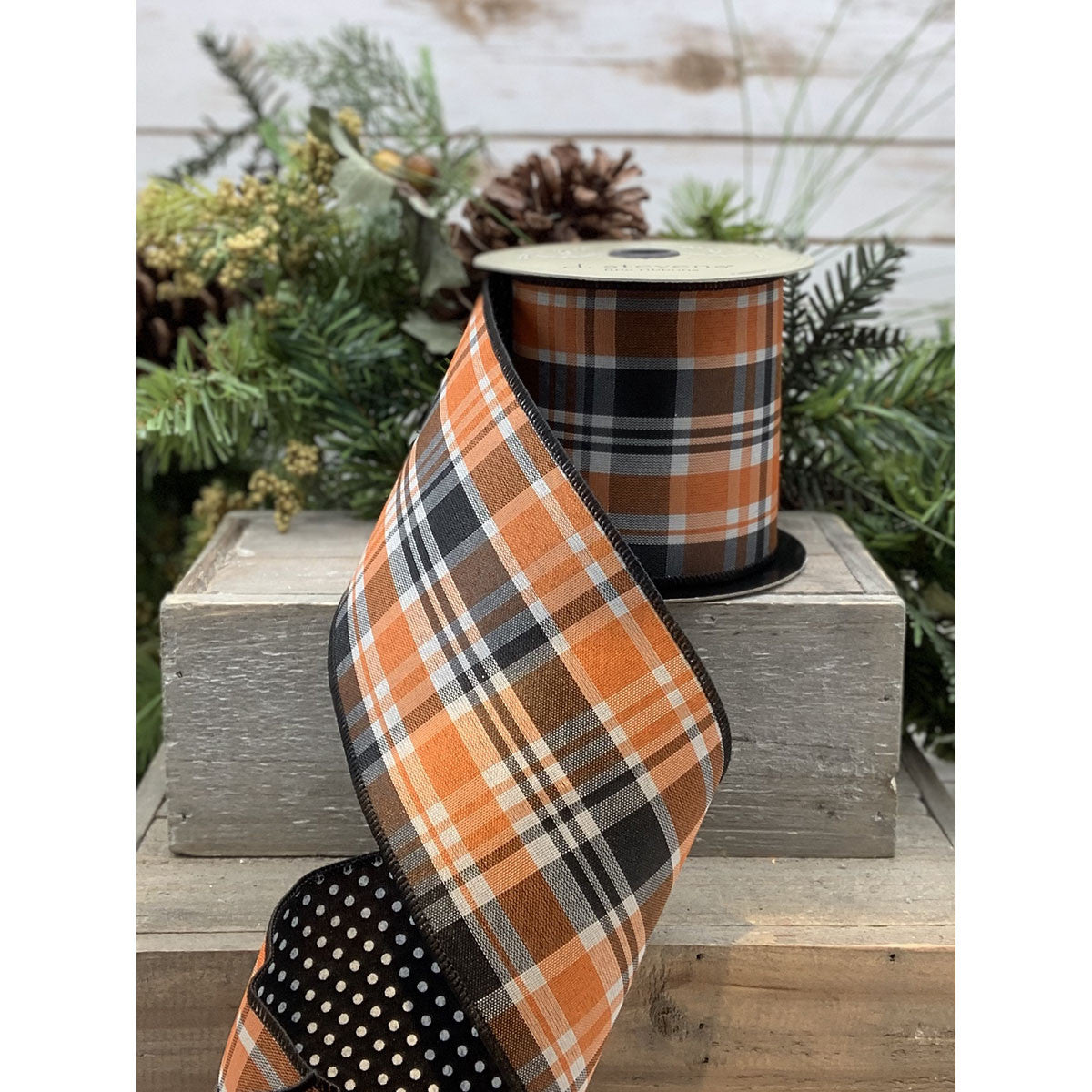 4" Orange & Black Plaid DESIGNER Ribbon | Double Sided - Designer DIY