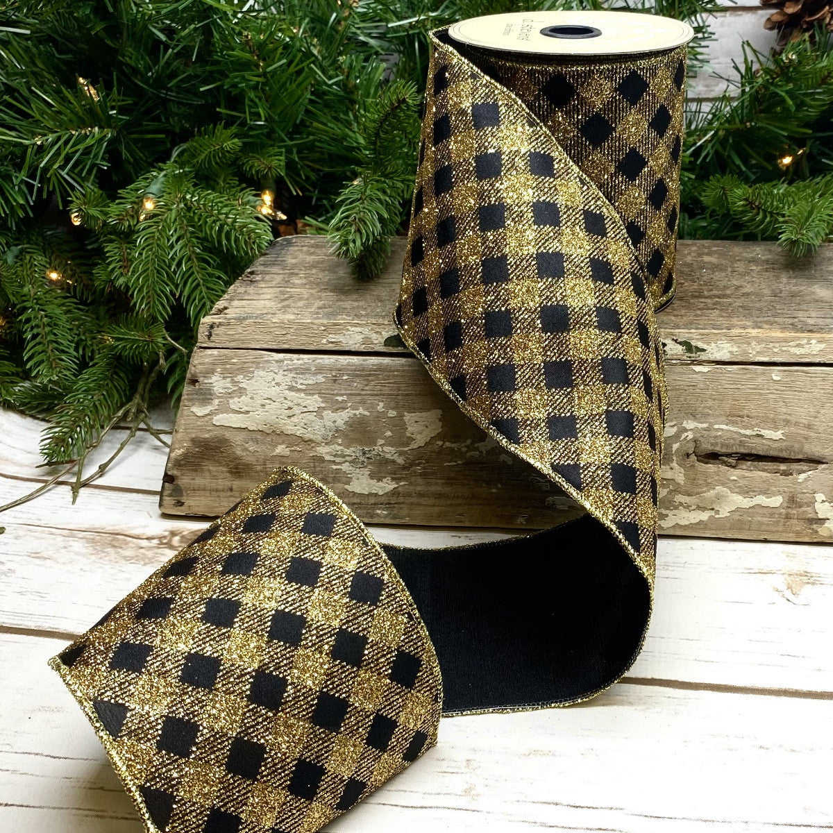 4" Glitter Check DESIGNER Ribbon | Black & Gold - Designer DIY