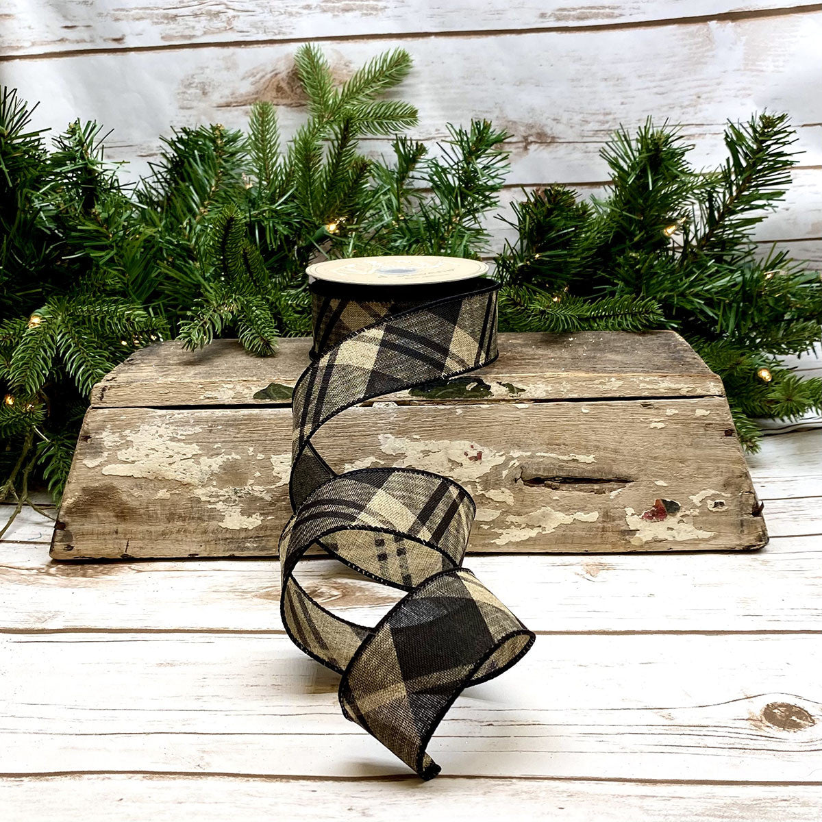 1.5" Black Check DESIGNER Ribbon | Natural - Designer DIY