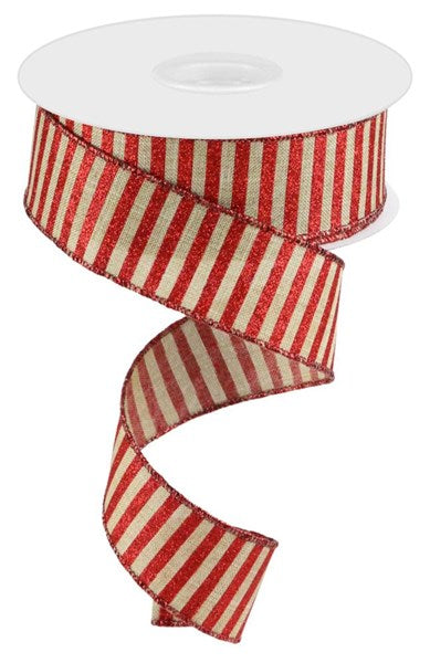 1.5" Natural with Red Glitter Stripe Ribbon - Designer DIY