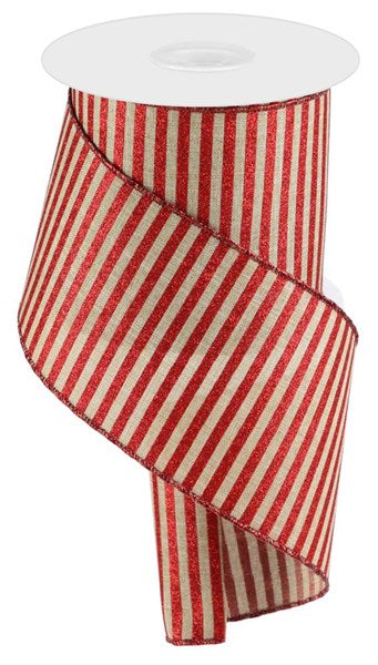 4" Natural with Red Glitter Stripe Ribbon - Designer DIY
