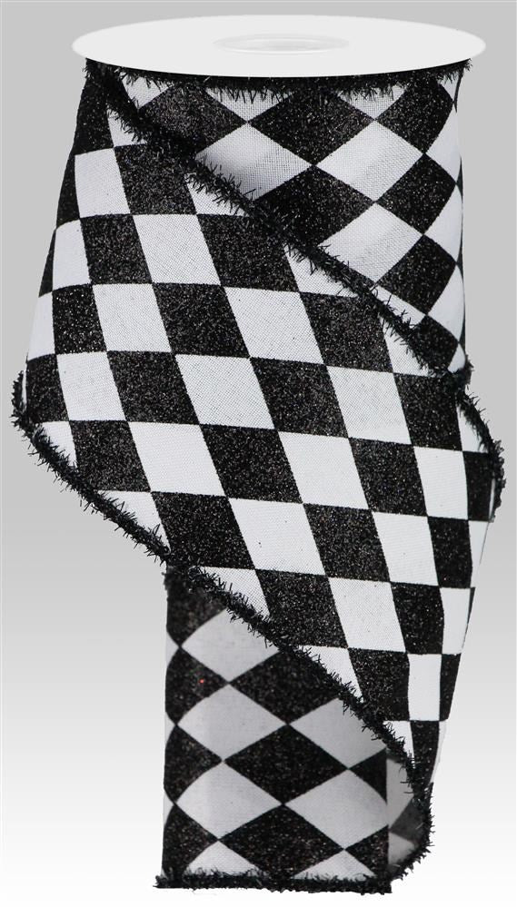 4" Black & White Glitter Harlequin Ribbon - Designer DIY