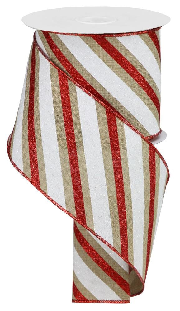 4" Natural with Red & White Glitter Stripe Ribbon - Designer DIY