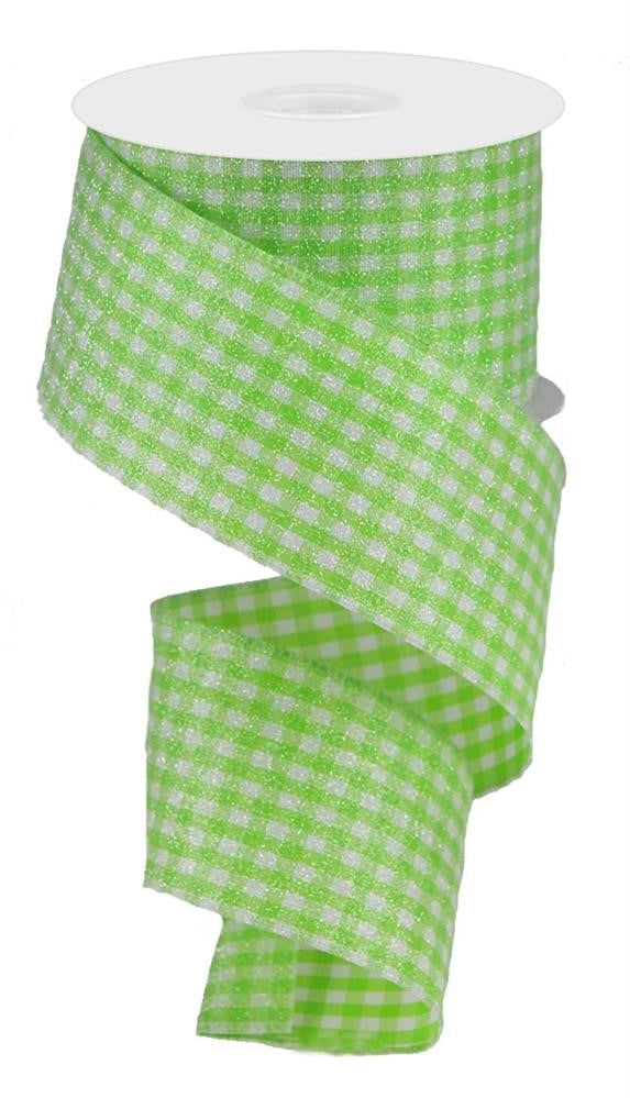 2.5" Glitter Gingham Ribbon | Lime Green & White - Designer DIY