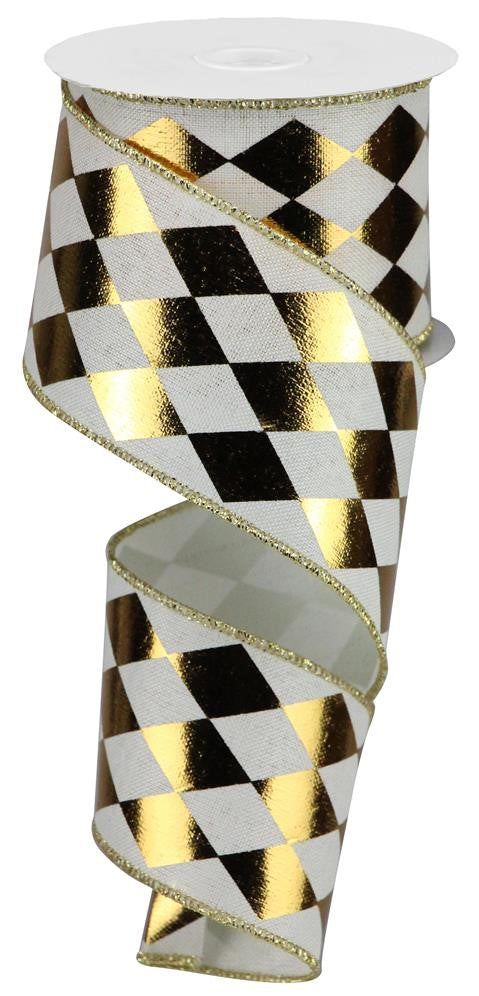 2.5" Ivory & Gold Metallic Harlequin Ribbon - Designer DIY