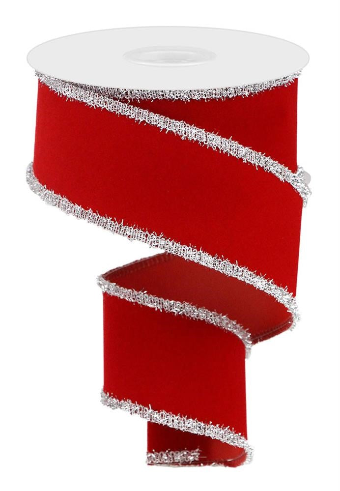 2.5" Red Velvet with Silver Tinsel Edge Ribbon - Designer DIY