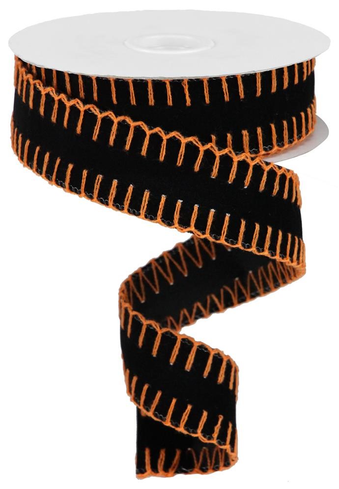 1.5" Black Velvet with Orange Stitch Edge Ribbon - Designer DIY