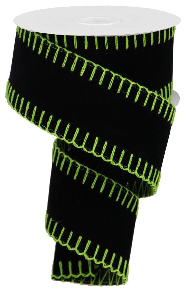 2.5" Black Velvet with Lime Green Stitch Edge Ribbon - Designer DIY