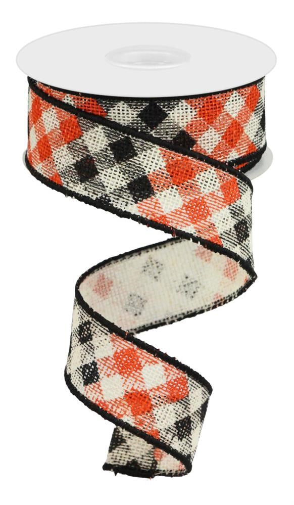1.5" Fall Check Ribbon | Orange, Black, Ivory - Designer DIY