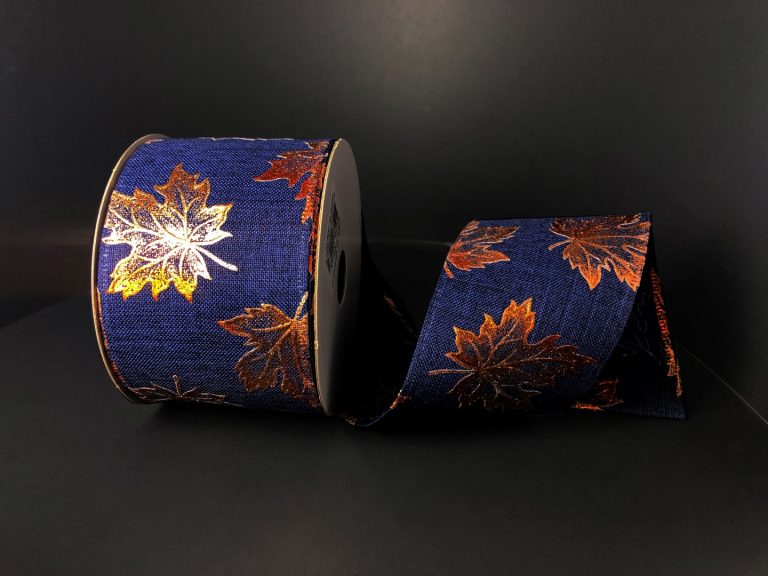 2.5" Navy with Copper Metallic Leaves Ribbon - Designer DIY