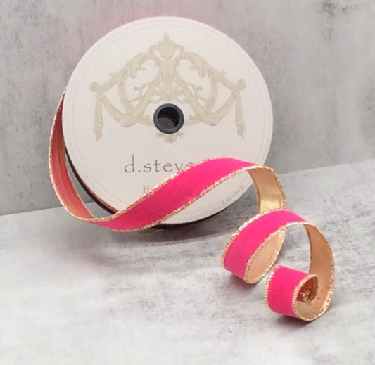 1" Hot Pink & Gold Flocked Ribbon by D Stevens | 25 Yards