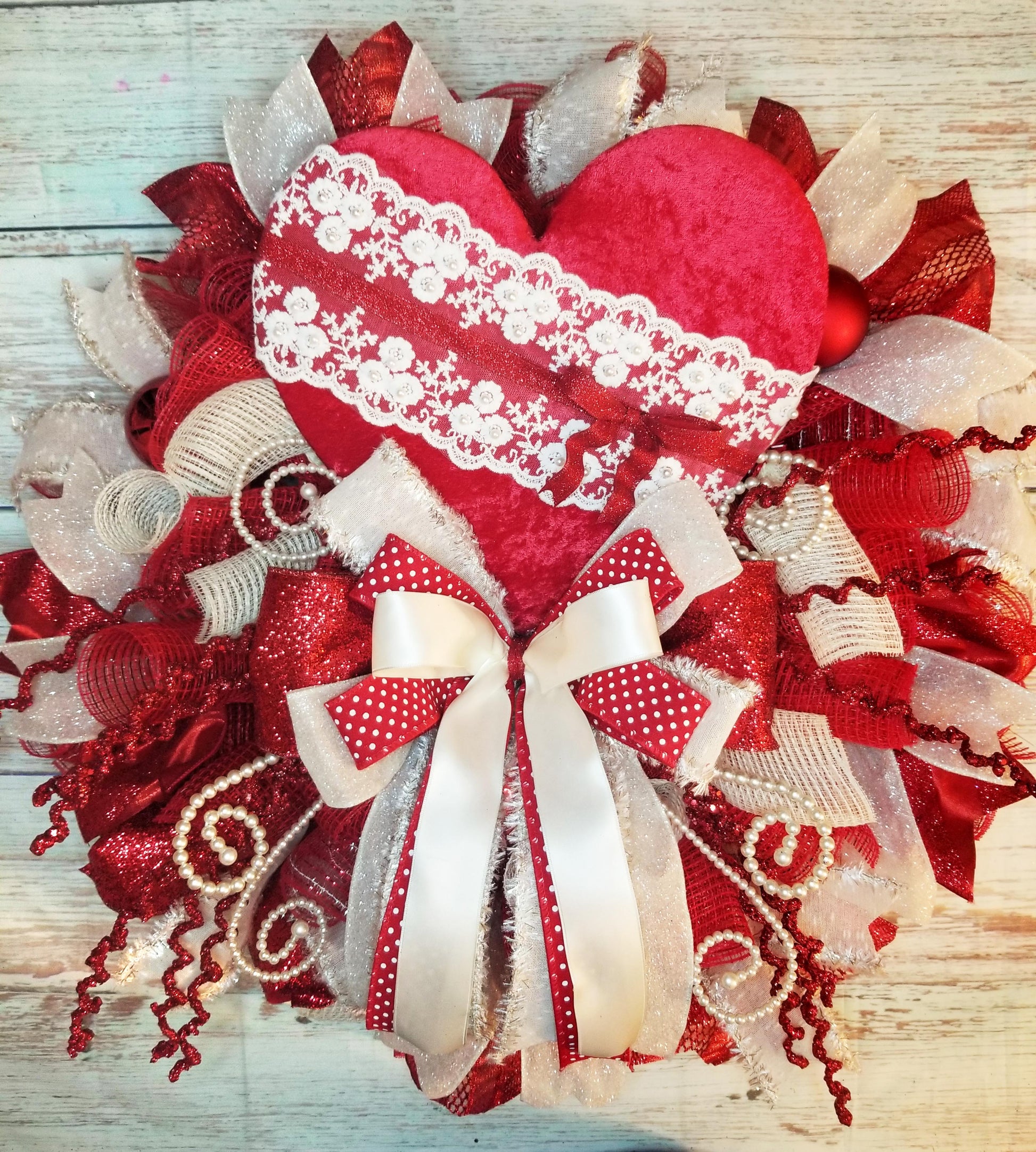 Valentine Red and White Deco Mesh Wreath/ Red and White Wreath