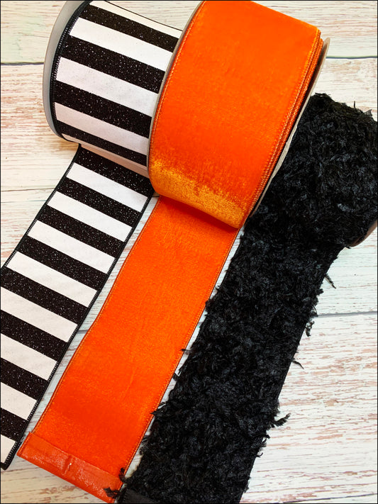 Ribbon Collection | Orange Velvet, Black Faux Feather, Black Glitter Stripe