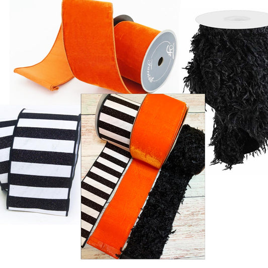 Ribbon Collection | Orange Velvet, Black Faux Feather, Black Glitter Stripe