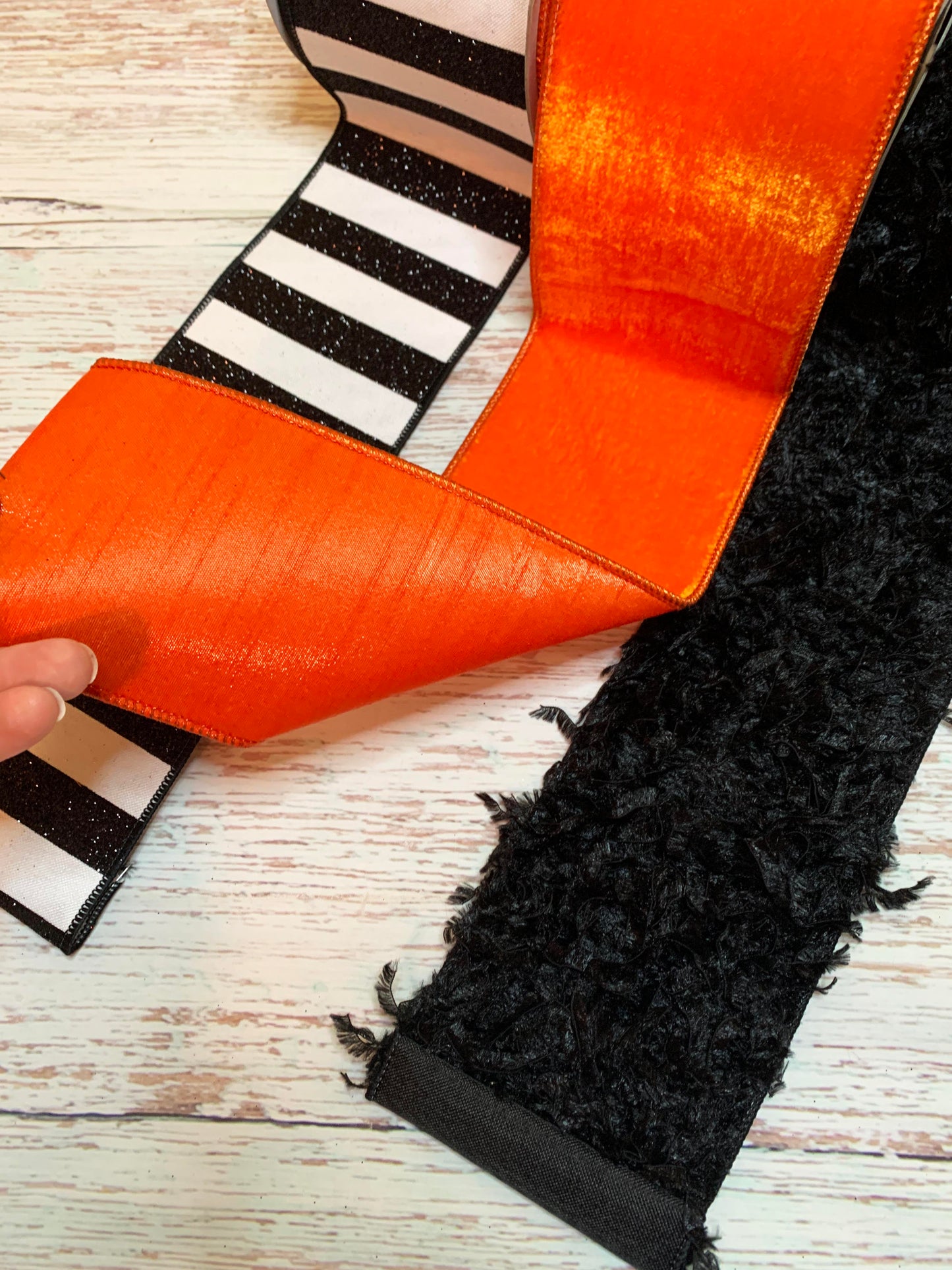 Ribbon Collection | Orange Velvet, Black Faux Feather, Black Glitter Stripe