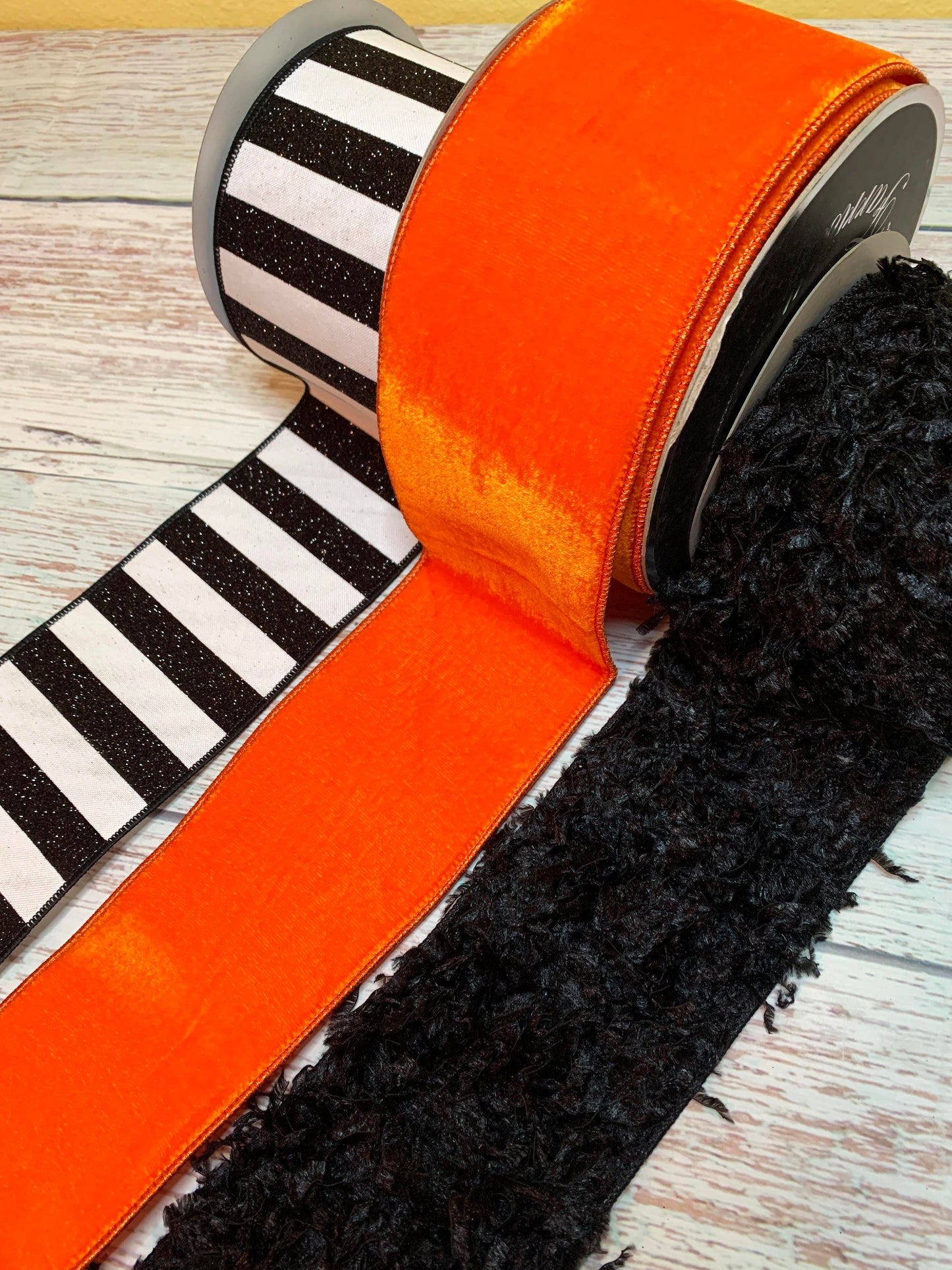 Ribbon Collection | Orange Velvet, Black Faux Feather, Black Glitter Stripe