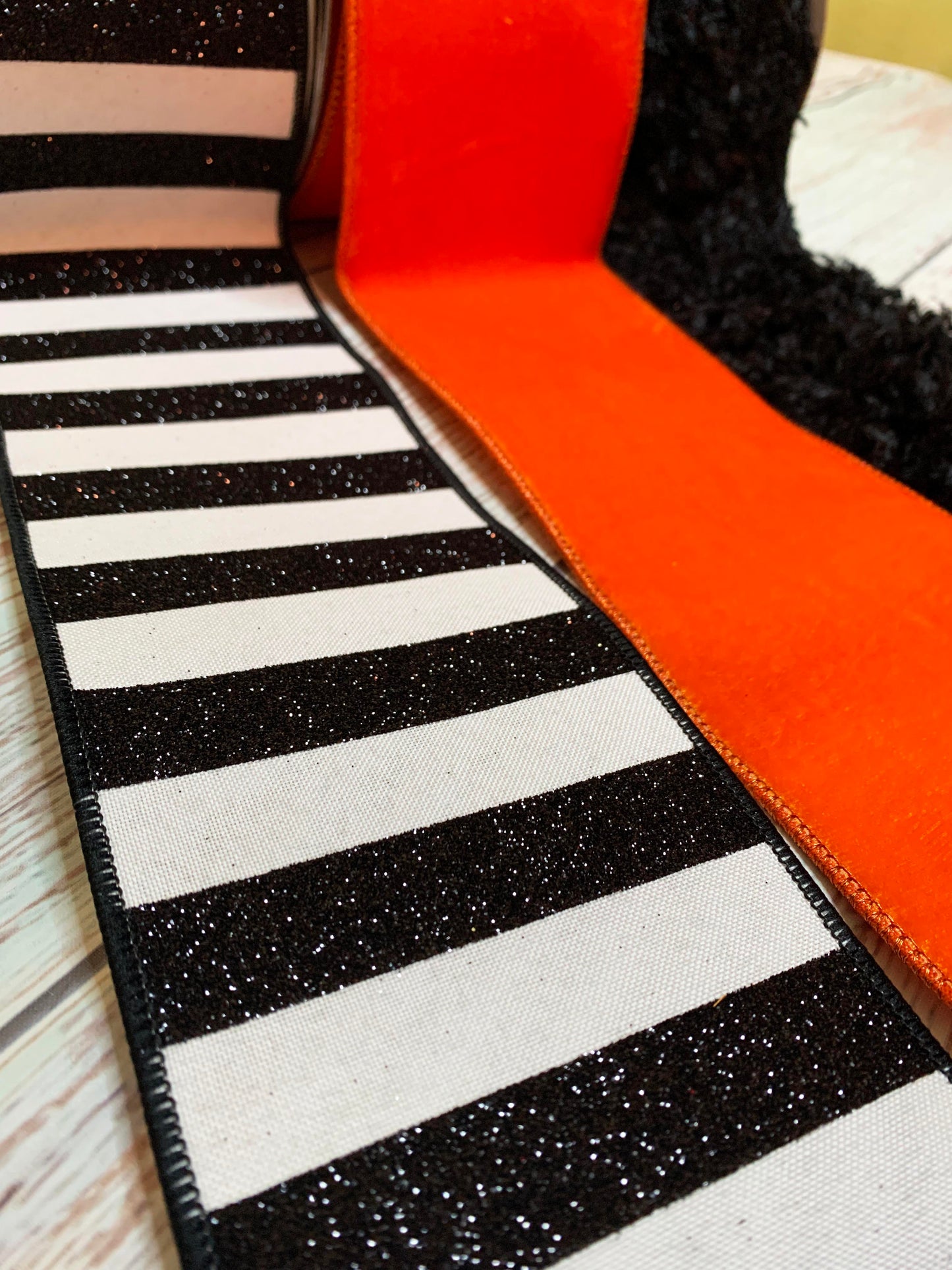 Ribbon Collection | Orange Velvet, Black Faux Feather, Black Glitter Stripe