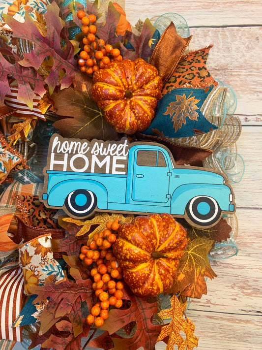 Fall Wreath | Aqua truck with pumpkins