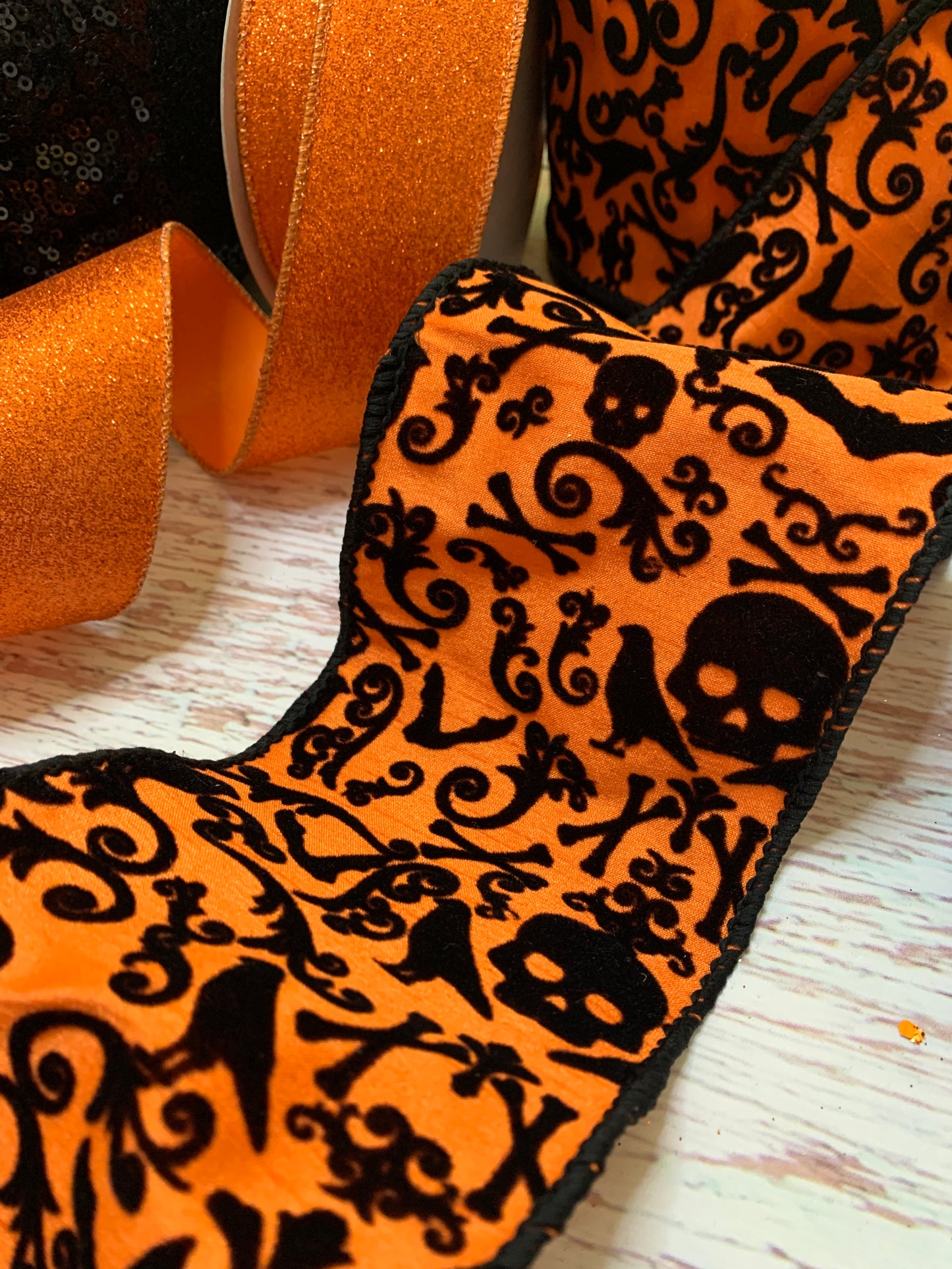 4" Halloween Designer Ribbon | Orange with Black Velvet