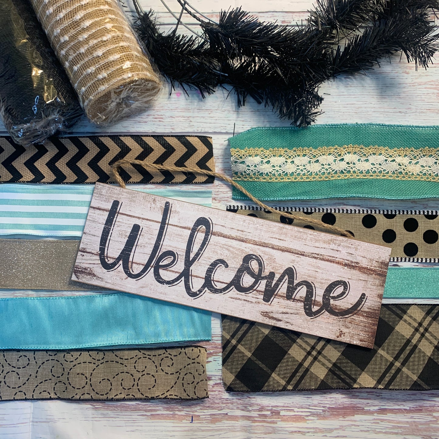 Welcome Wreath Kit | Aqua, Tan, Black