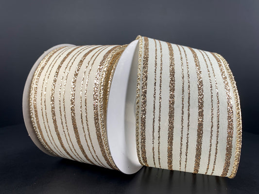 2.5" Champagne Glitter Stripe Ribbon | Ivory & Champagne - Designer DIY