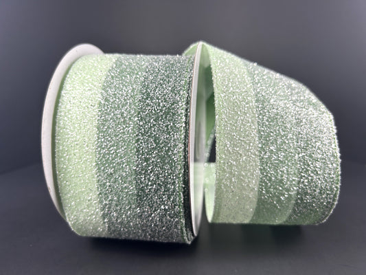 2.5" Green Striped Ribbon with Frosted Glitter