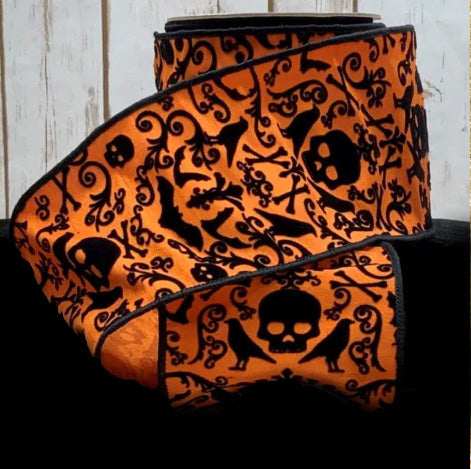 4" Halloween Designer Ribbon | Orange with Black Velvet