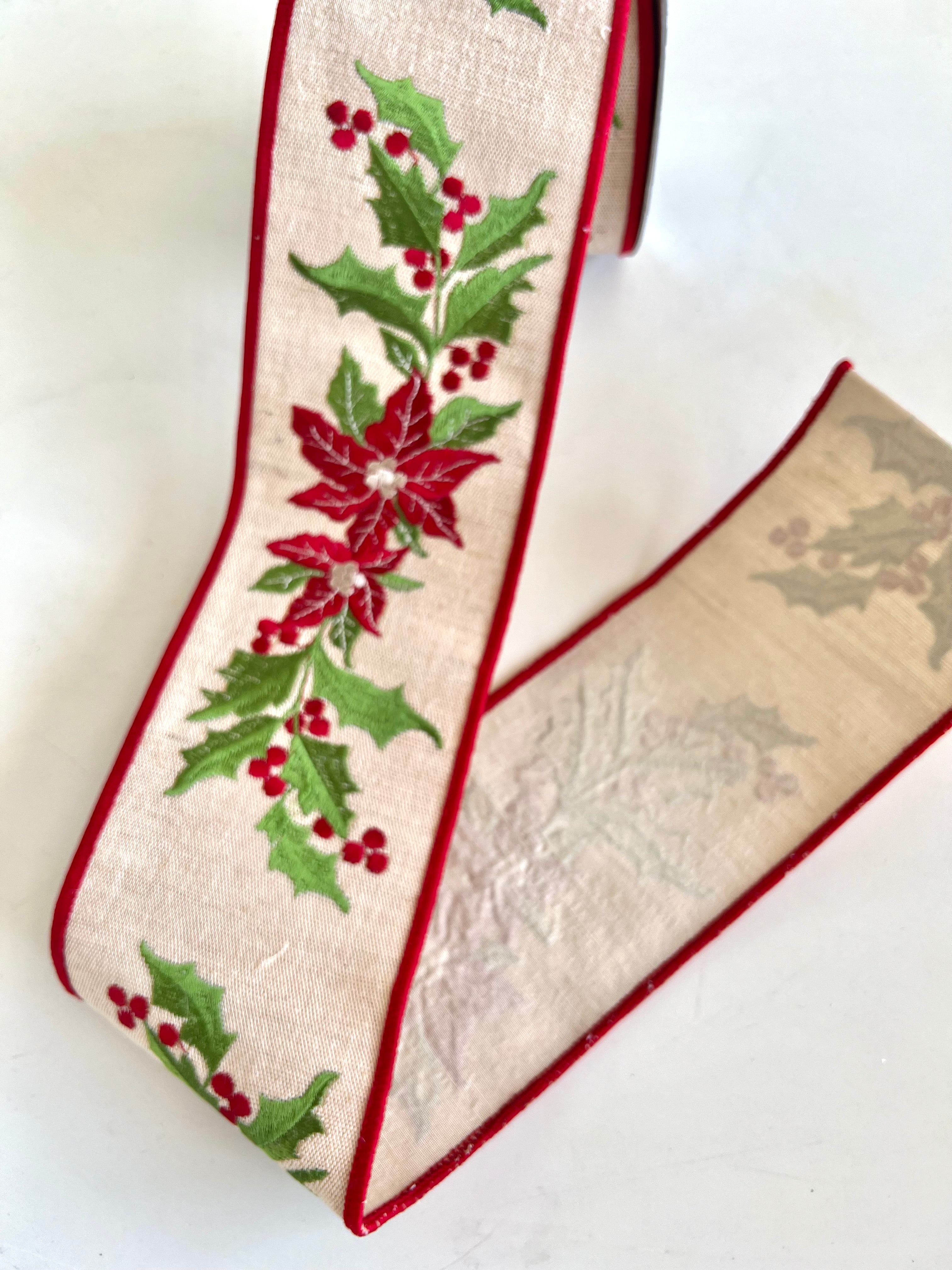 Embroidered Poinsettia Wired factory Ribbon 4”X5 yards/luxury ribbon/Wired/Christmas ribbon/quality ribbon