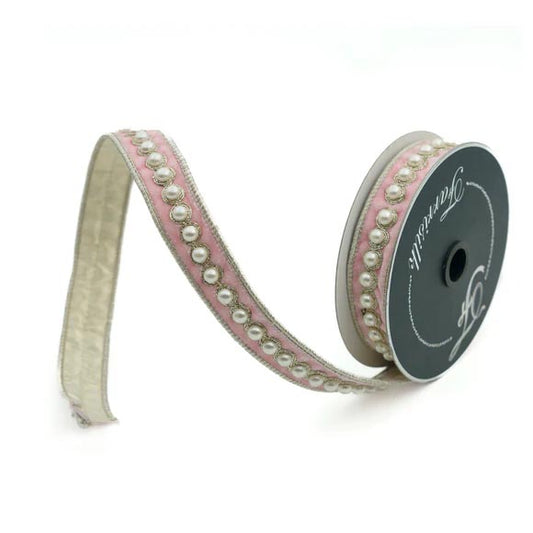 1" Light Pink Velvet with Pearl Trim Ribbon | Farrisilk