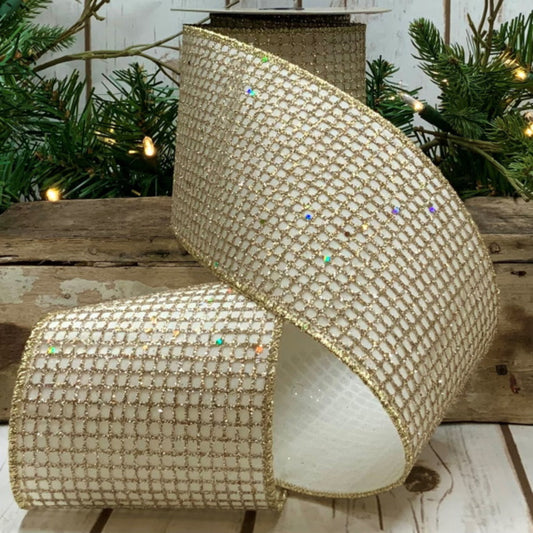 4" Glitter Grid DESIGNER Ribbon | Ivory & Champagne - Designer DIY