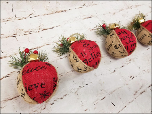 Rustic Burlap Christmas Ornaments | Set of 4 - Designer DIY