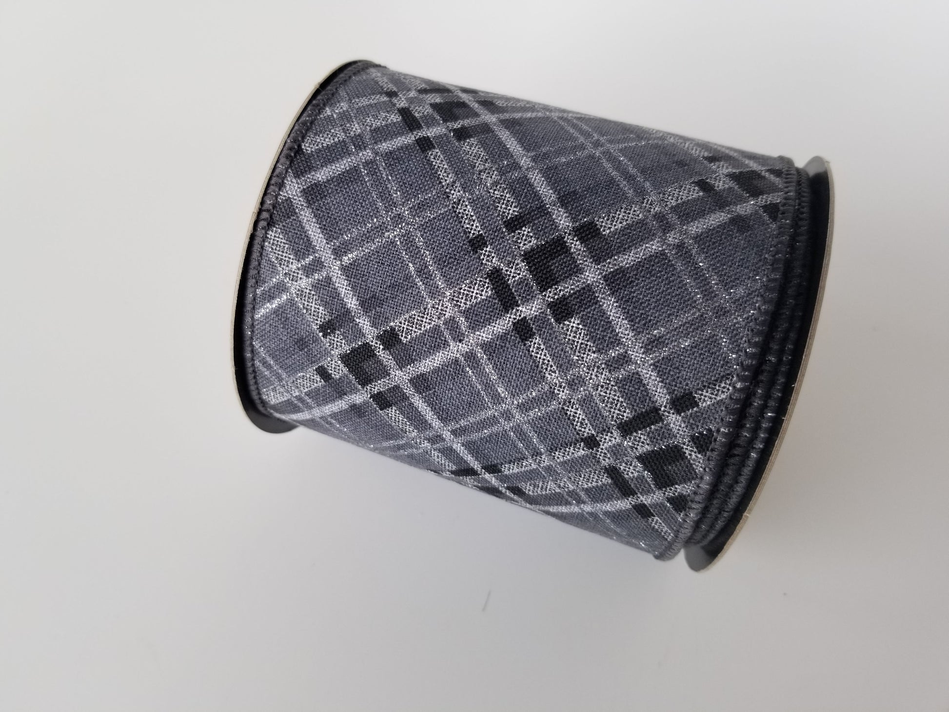 4" Gray & Black Glitter Plaid DESIGNER Ribbon - Designer DIY