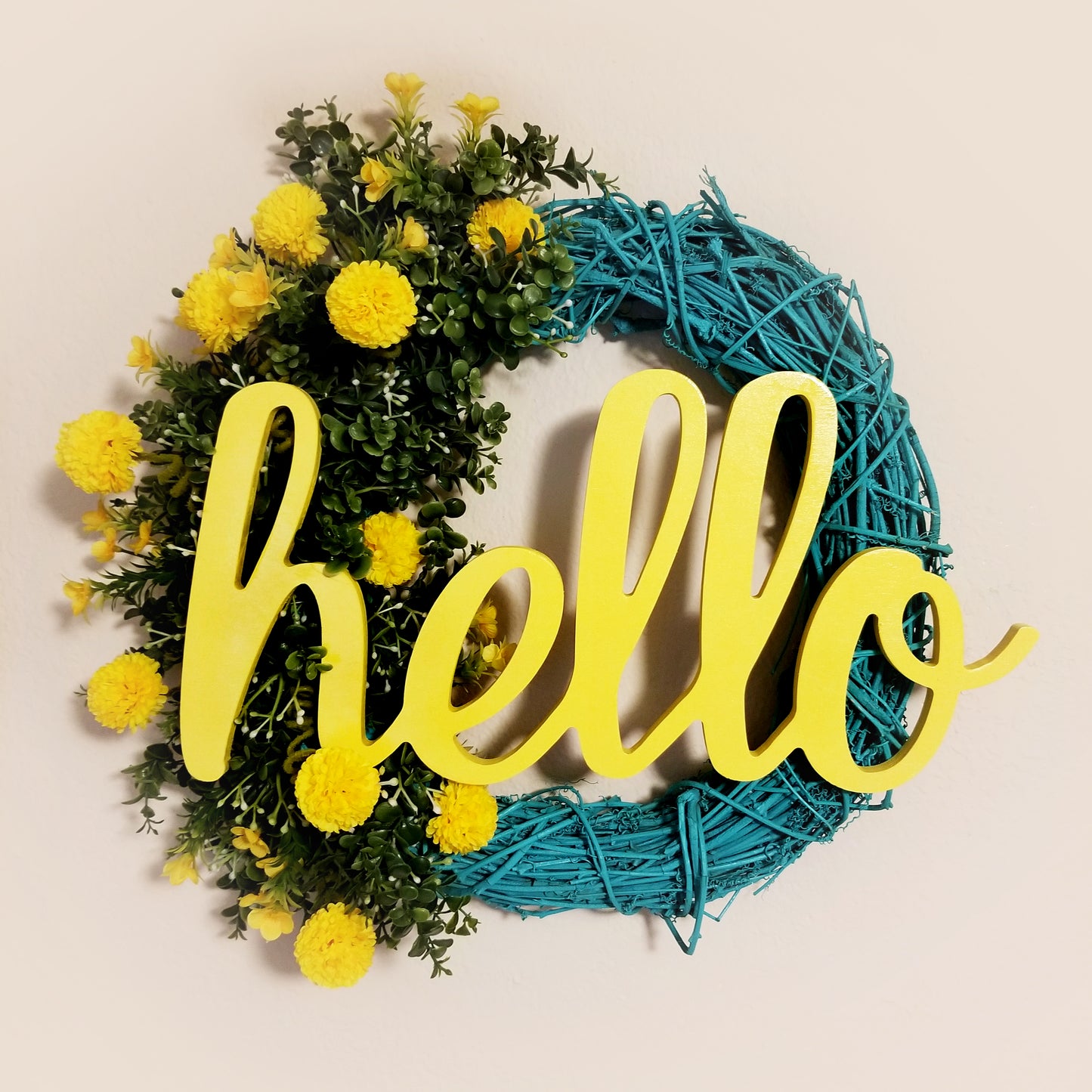 Hello Grapevine Wreath | Turquoise & Yellow - Designer DIY