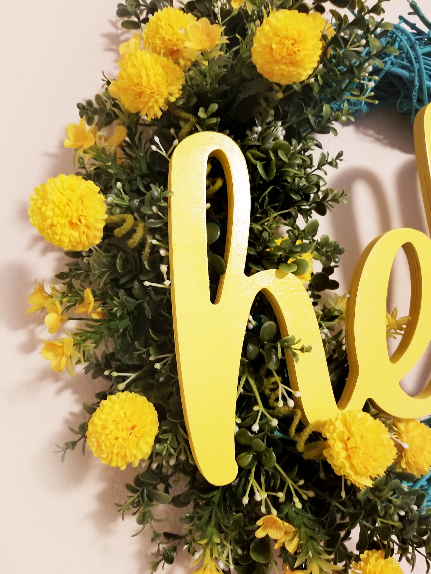 Hello Grapevine Wreath | Turquoise & Yellow - Designer DIY