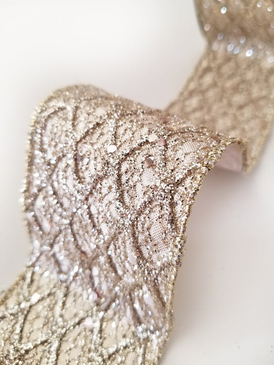 2.5" Champagne Glitter Grid DESIGNER Ribbon - Designer DIY