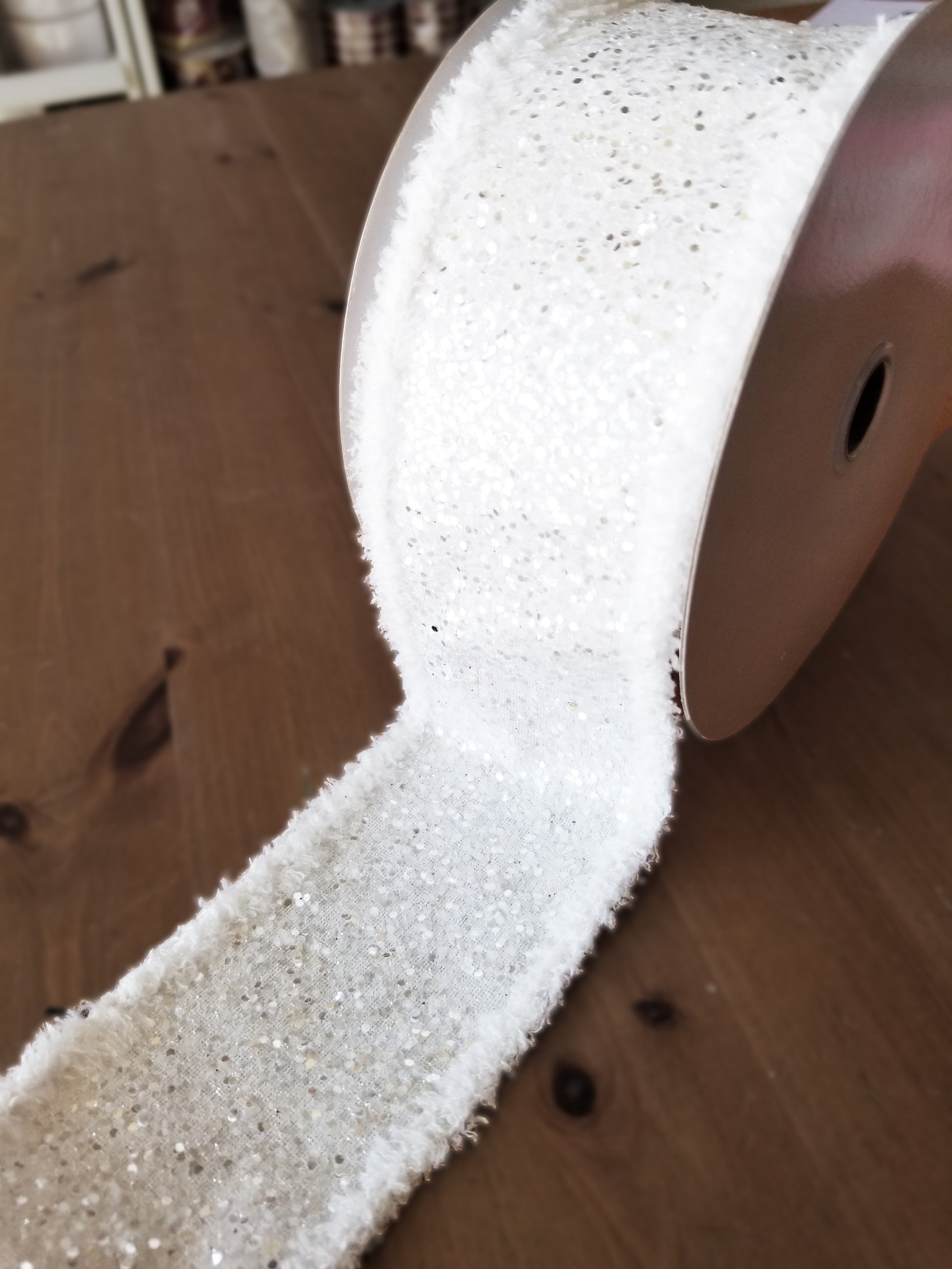 2.5" White Glitter With Fluffy Edge Ribbon - Designer DIY