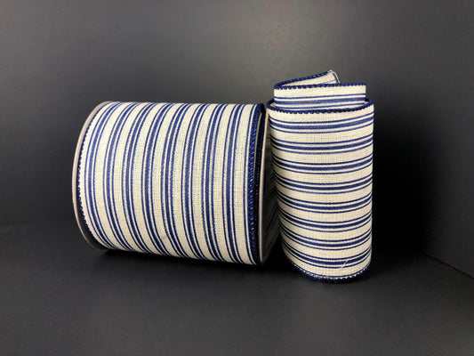 4" Ticking Stripe Ribbon | Navy & Cream Linen - Designer DIY