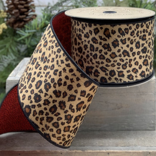4" Faux Fur Leopard DESIGNER Ribbon | Red & Black - Designer DIY