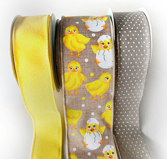 Easter Wired Ribbon * Bunnies * Gingham Trim * Grey, White, Pink