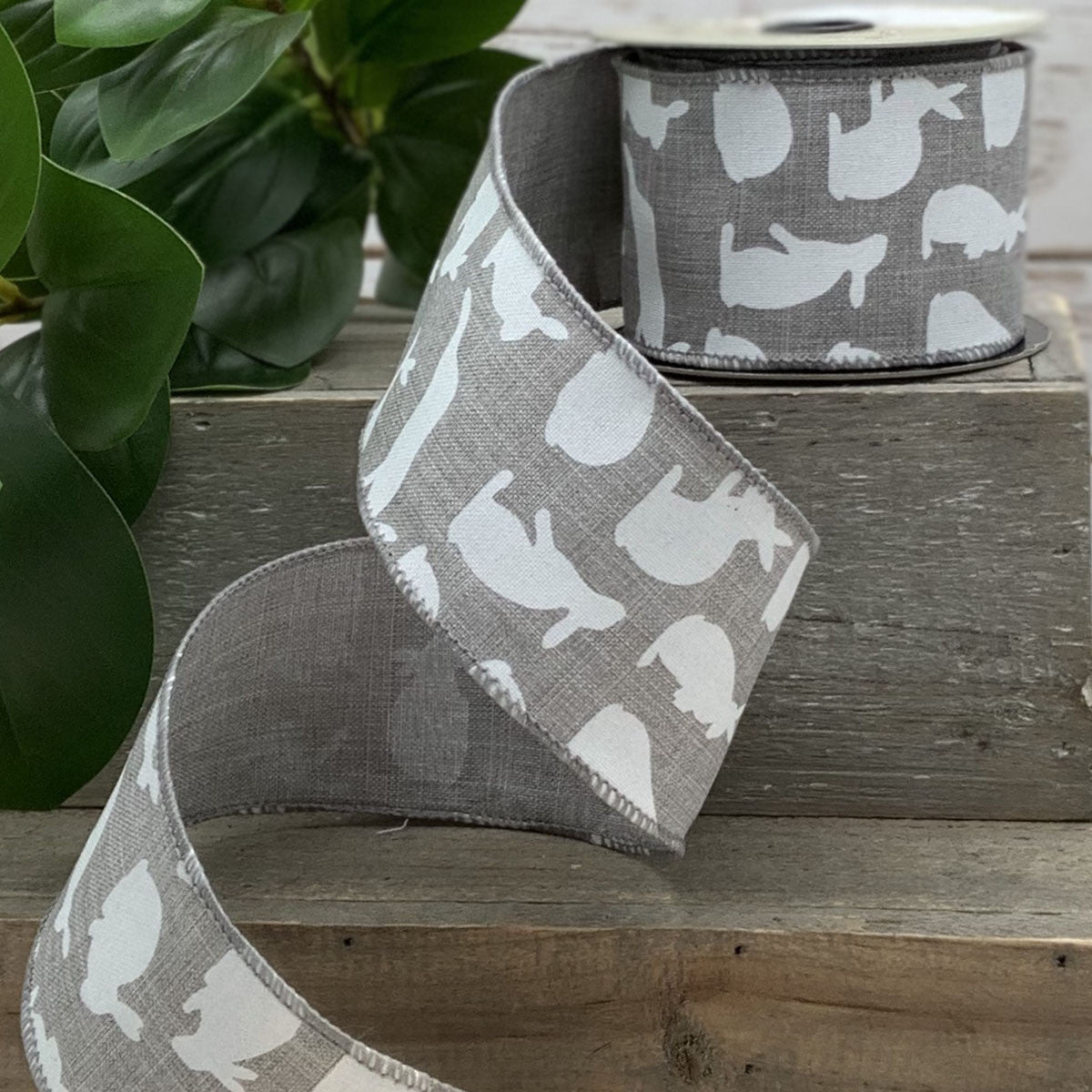 2.5" Gray Linen with White Bunny Rabbit Ribbon - Designer DIY