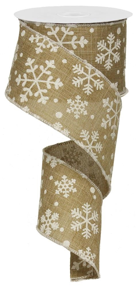 2.5" Natural with White Glitter Snowflake Ribbon - Designer DIY