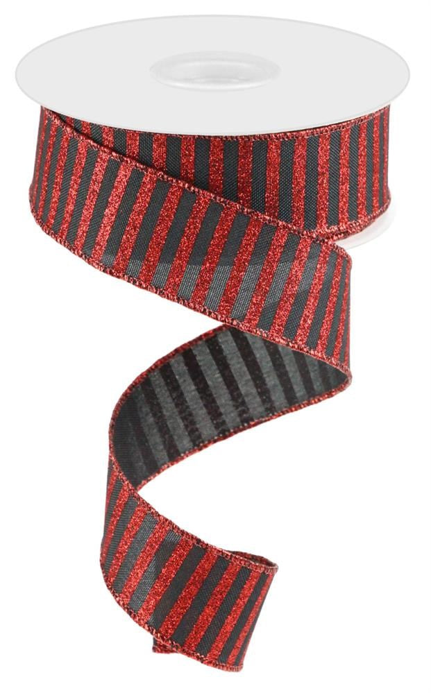 1.5" Black with Red Glitter Stripe Ribbon - Designer DIY