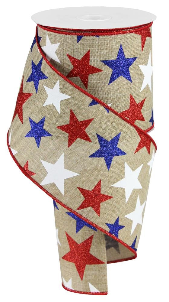 4" Natural Patriotic Glitter Star Ribbon - Designer DIY