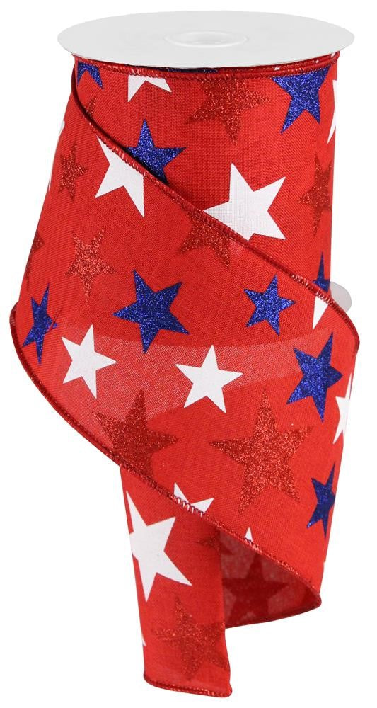 4" Red Patriotic Glitter Star Ribbon - Designer DIY