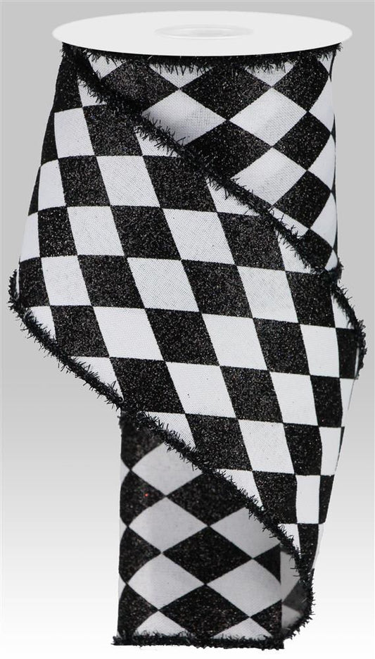 4" Black & White Glitter Harlequin Ribbon - Designer DIY