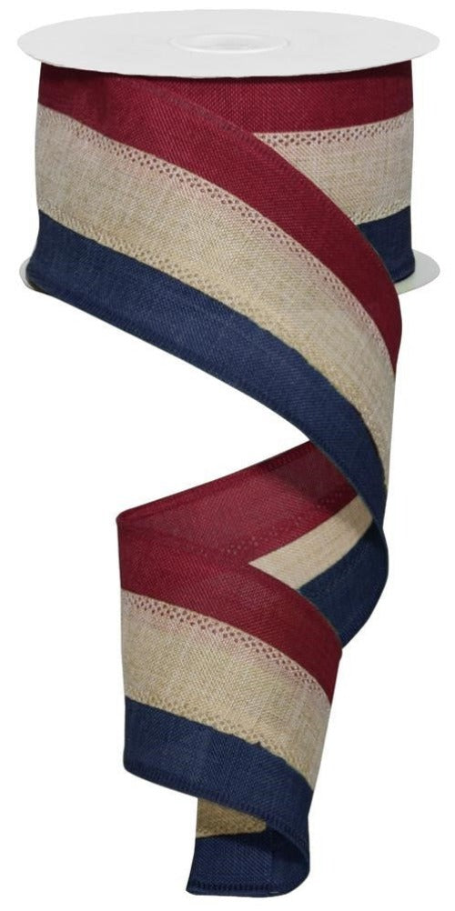 2.5" Patriotic Stripe Ribbon | Navy, Maroon, Natural - Designer DIY