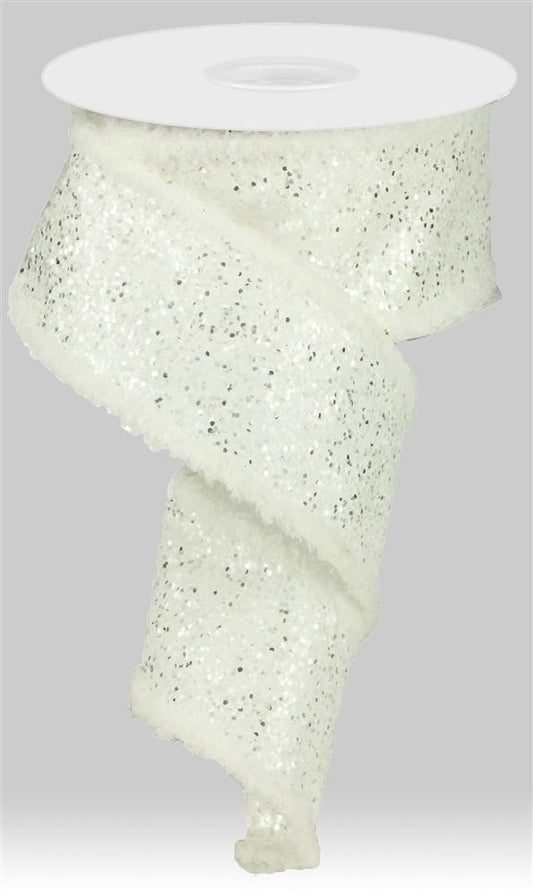 2.5" White Glitter With Fluffy Edge Ribbon - Designer DIY