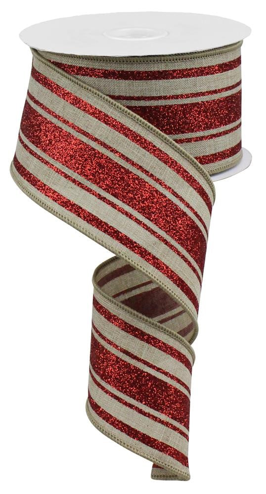 2.5" Natural & Red Glitter Stripe Ribbon - Designer DIY